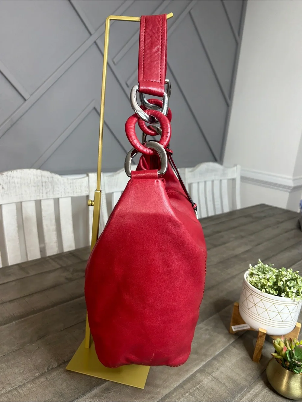Michael Kors Red Leather Slouchy Hobo Shoulder Bag Silver Chain Accent